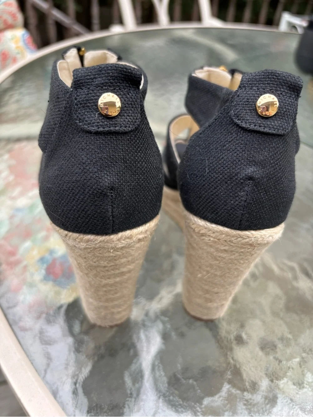 Michael Kors Black Canvas Espadrille Wedge Sandals with Gold Zip